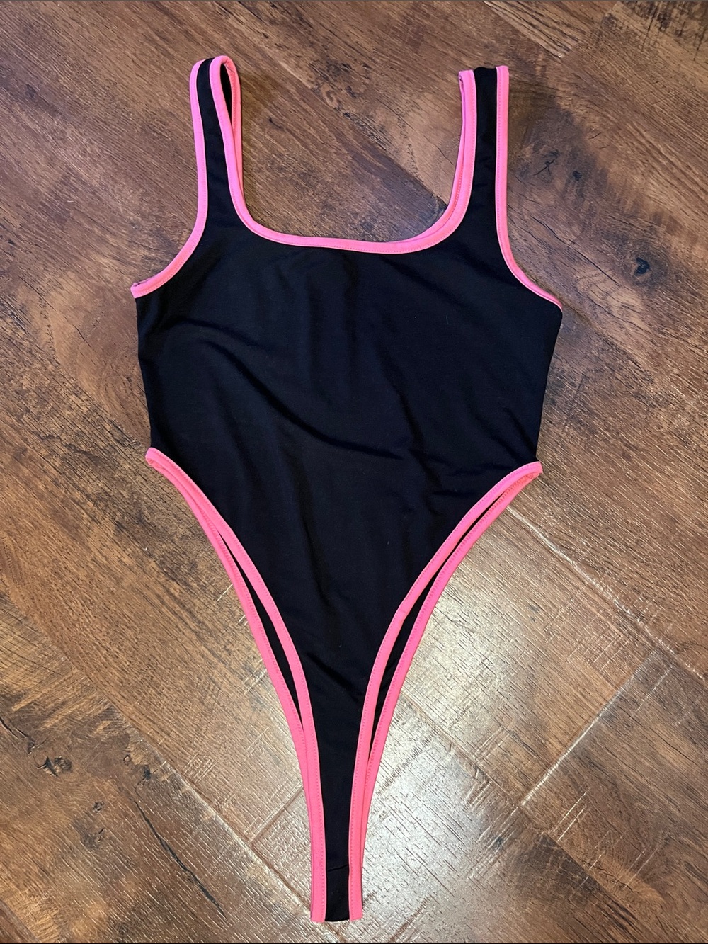 Black Bodysuit with Pink Trim - Sleek High-Cut Women's Tank Bodysuit